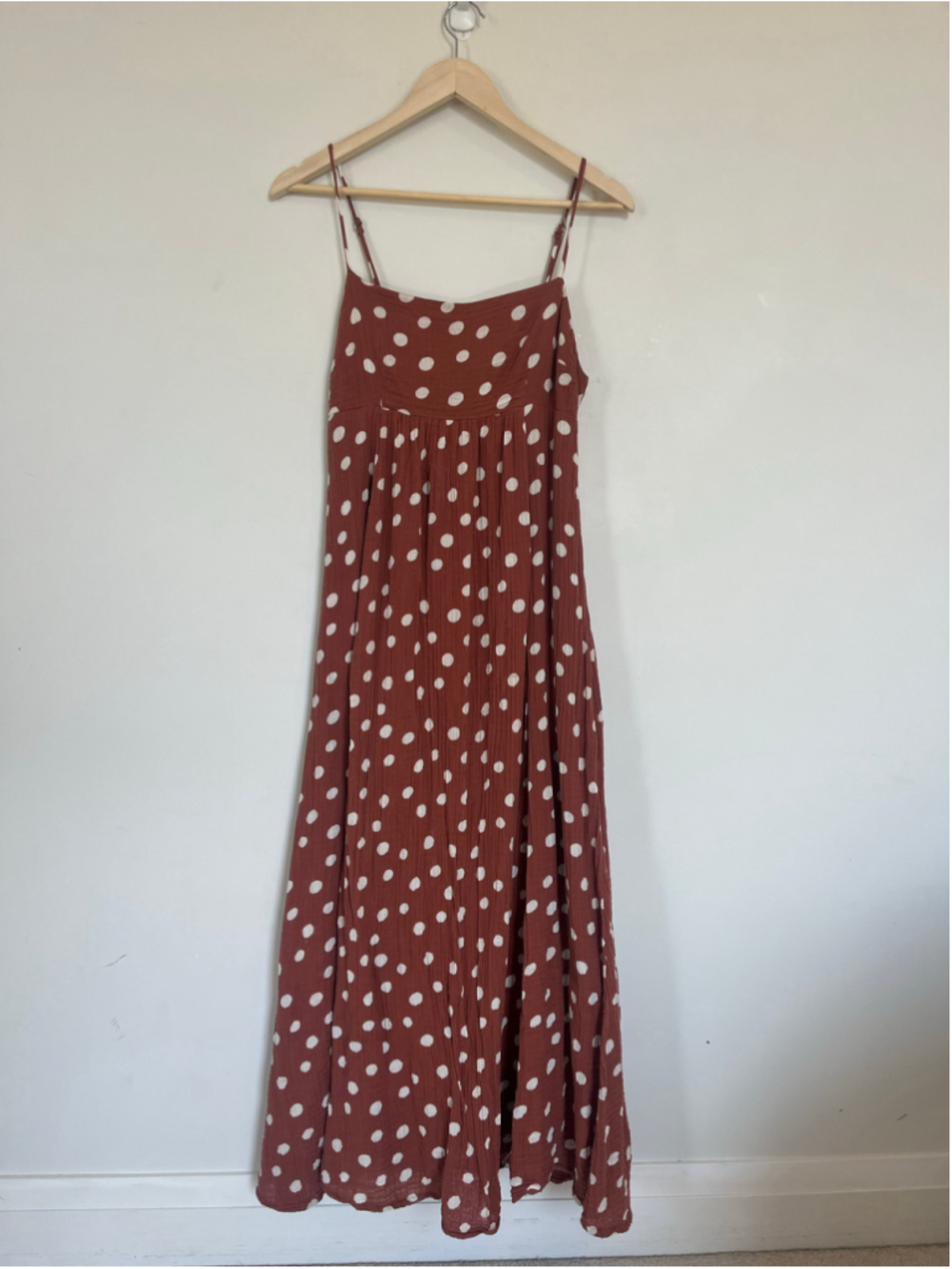 Polka Dot Maxi Dress Rust Brown White Empire Waist Gauzy Cotton Sleeveless - Picture 2 of 9